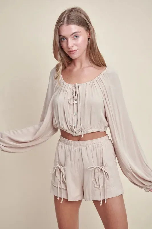 MABLE Gauze Long Sleeve Button Crop Top and Short Set made by Trendsi