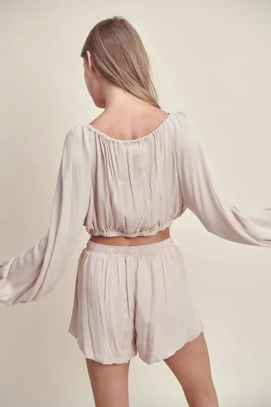 MABLE Gauze Long Sleeve Button Crop Top and Short Set sold by Gigi Laurent product image thumbnail 2