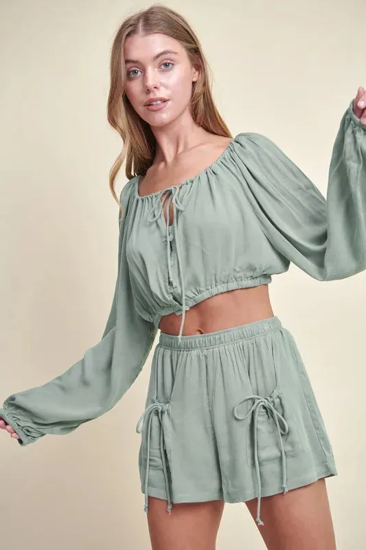 MABLE Gauze Long Sleeve Button Crop Top and Short Set sold by Gigi Laurent product image thumbnail 3
