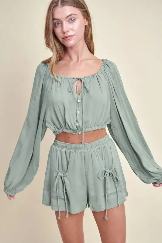 MABLE Gauze Long Sleeve Button Crop Top and Short Set sold by Gigi Laurent product image thumbnail 4