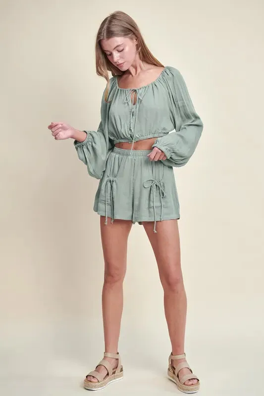 MABLE Gauze Long Sleeve Button Crop Top and Short Set made by Trendsi