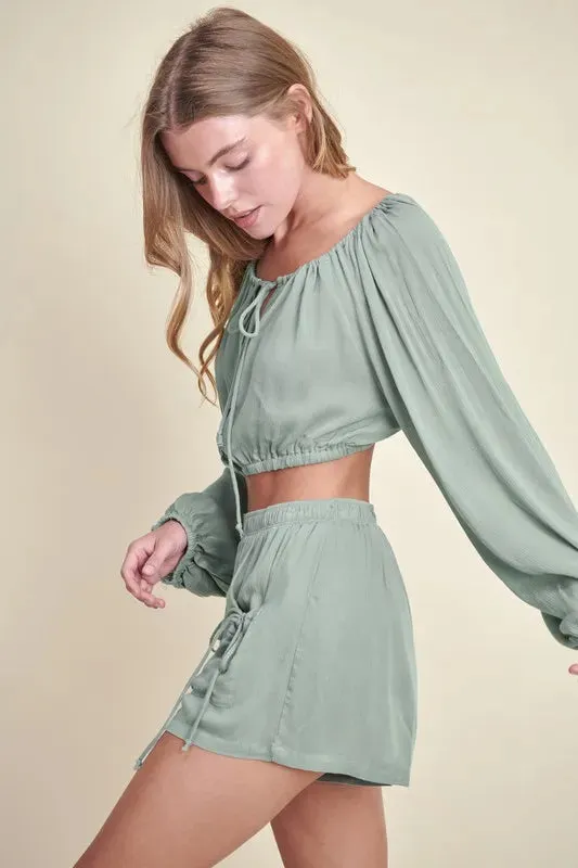 MABLE Gauze Long Sleeve Button Crop Top and Short Set sold by Gigi Laurent product image thumbnail 2