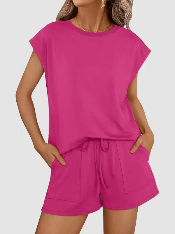 Round Neck Cap Sleeve Top and Shorts Set made by Trendsi