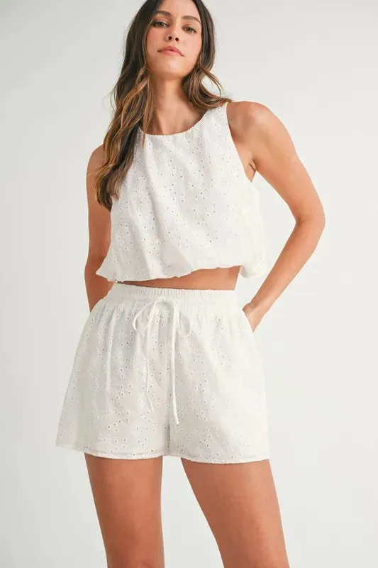 MABLE Eyelet Bubble Hem Sleeveless Top and Shorts Set made by Trendsi