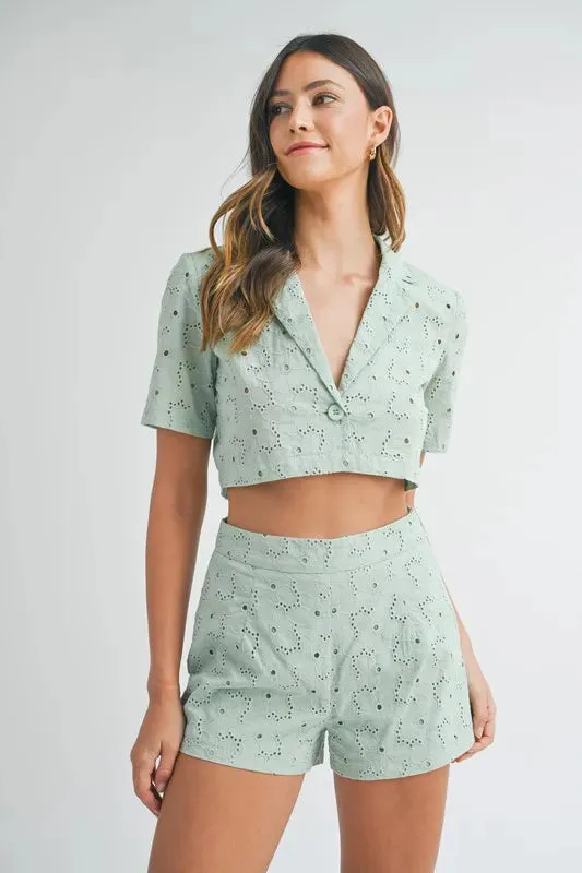 MABLE Eyelet Short Sleeve Crop Top and Shorts Set made by Trendsi