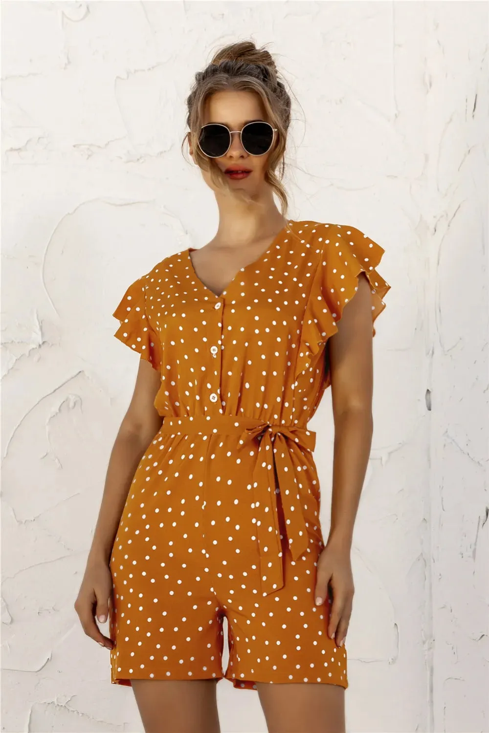 Ruffled Polka Dot Half Button Romper sold by Gigi Laurent product image thumbnail 4
