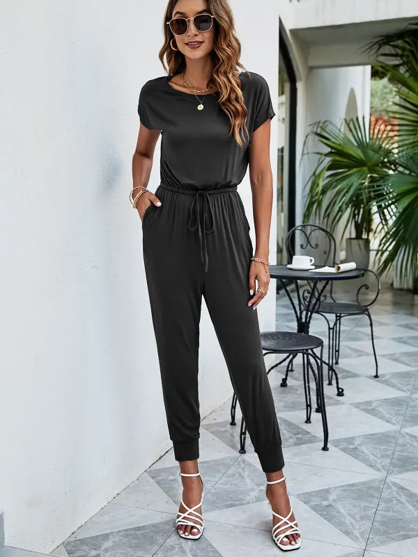 Drawstring Waist Short Sleeve Jogger Jumpsuit made by Trendsi
