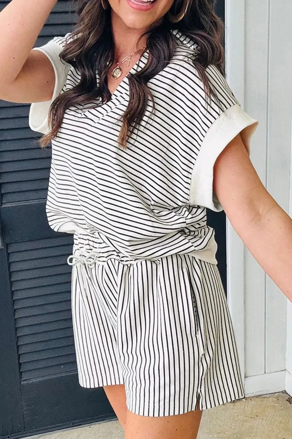 Stripe V Neck Tee and Casual Shorts Set sold by Gigi Laurent product image thumbnail 2