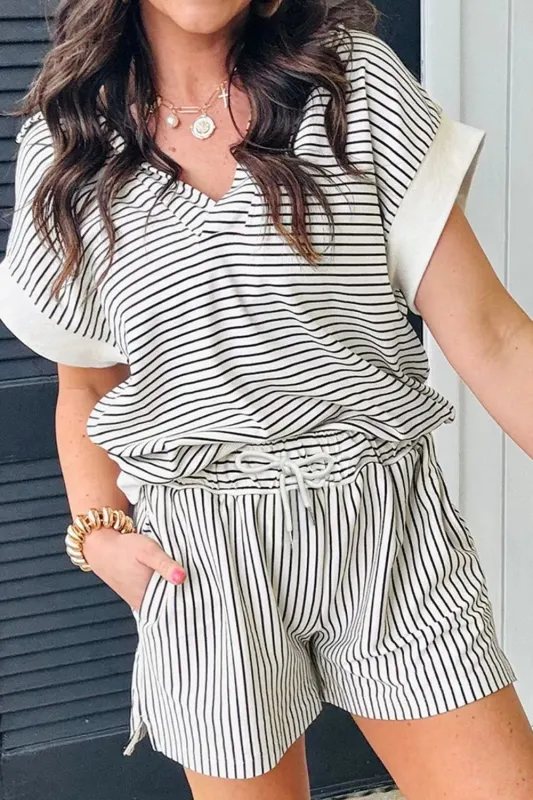 Stripe V Neck Tee and Casual Shorts Set made by Trendsi