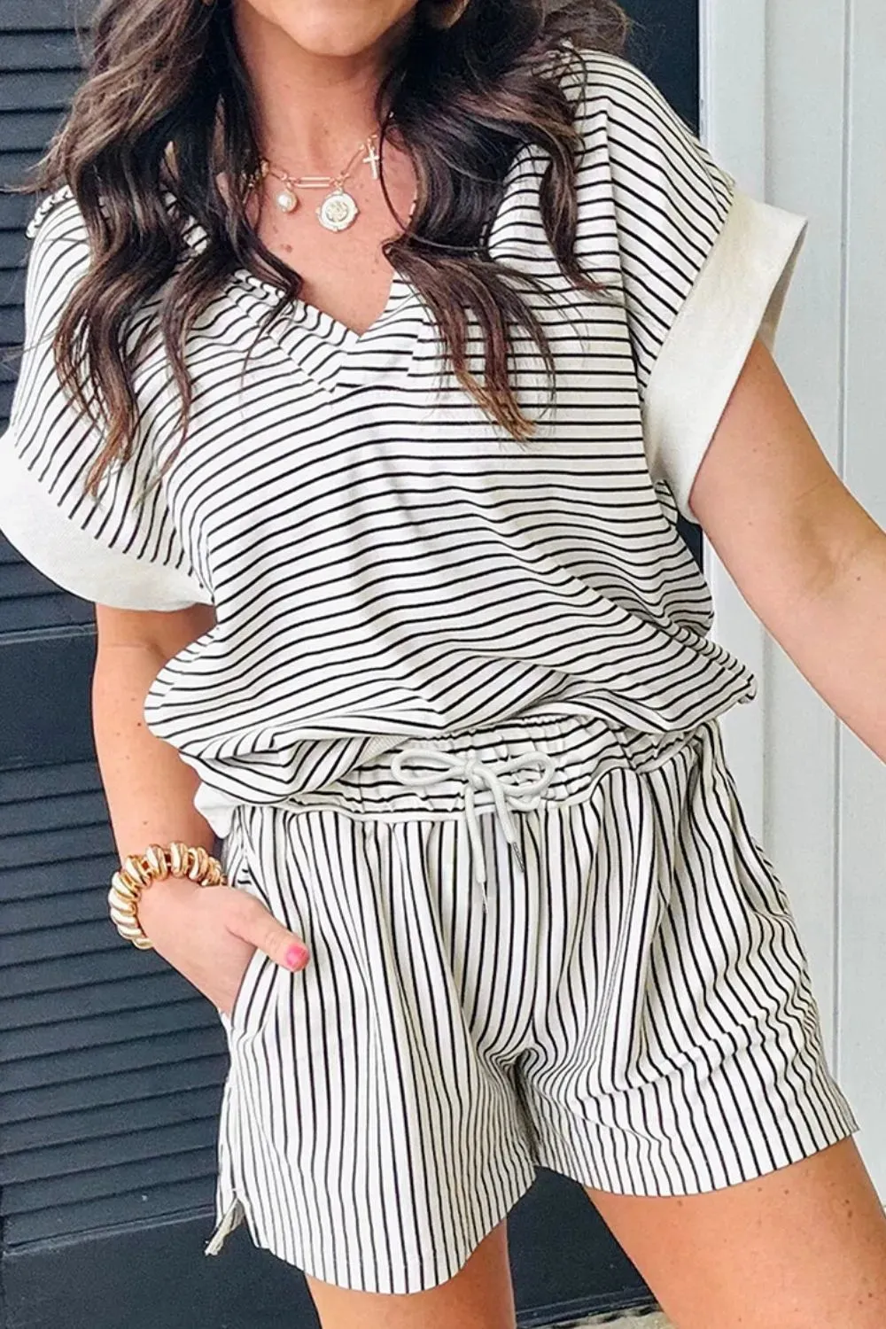Stripe V Neck Tee and Casual Shorts Set sold by Gigi Laurent