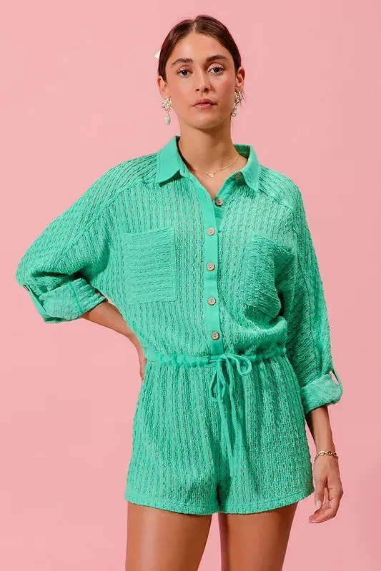 SO ME Textured Knit Button Front Romper made by Trendsi