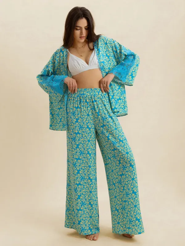 Open Front Printed Top and Pants Set made by Trendsi