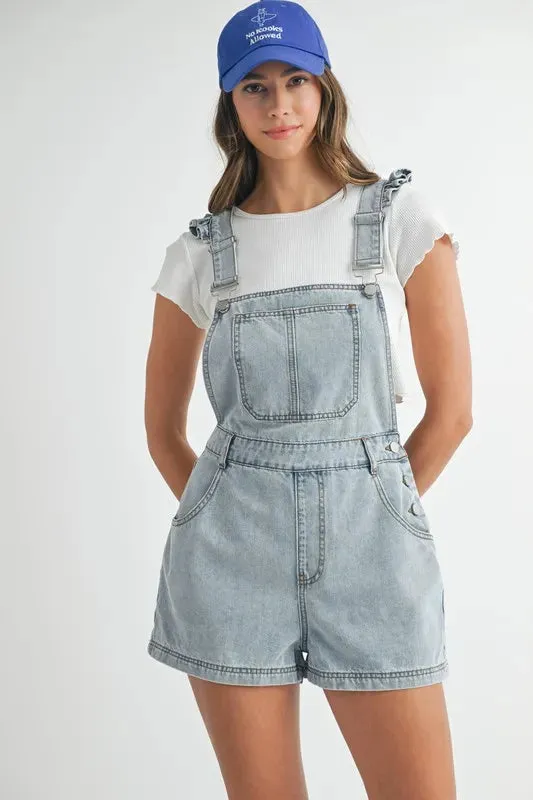 MABLE Square Neck Ruffle Shoulder Denim Overall Romper sold by Gigi Laurent product image thumbnail 3