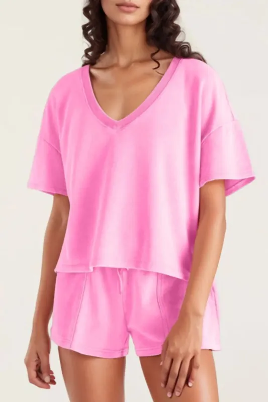 V-Neck Short Sleeve Top and Shorts Set made by Trendsi