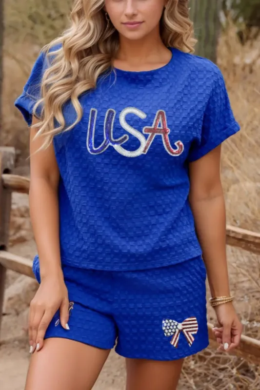 Textured Sequined USA Top and Bowknot Shorts Set made by Trendsi