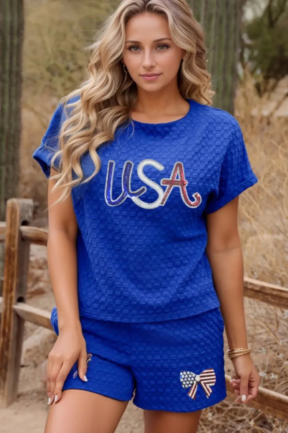 Textured Sequined USA Top and Bowknot Shorts Set sold by Gigi Laurent product image thumbnail 2