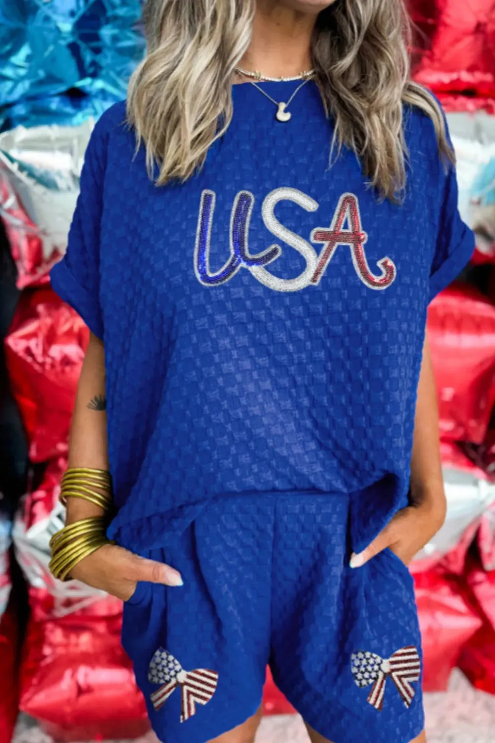 Textured Sequined USA Top and Bowknot Shorts Set sold by Gigi Laurent product image thumbnail 4