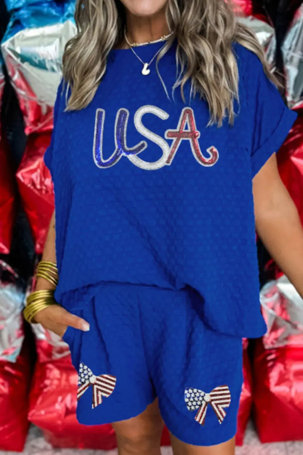 Textured Sequined USA Top and Bowknot Shorts Set sold by Gigi Laurent product image thumbnail 5