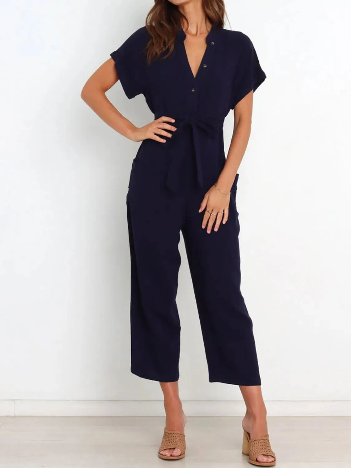 Notched Short Sleeve Tie Waist Jumpsuit sold by Gigi Laurent product image thumbnail 4
