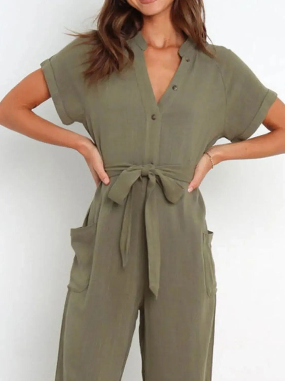 Notched Short Sleeve Tie Waist Jumpsuit sold by Gigi Laurent product image thumbnail 2