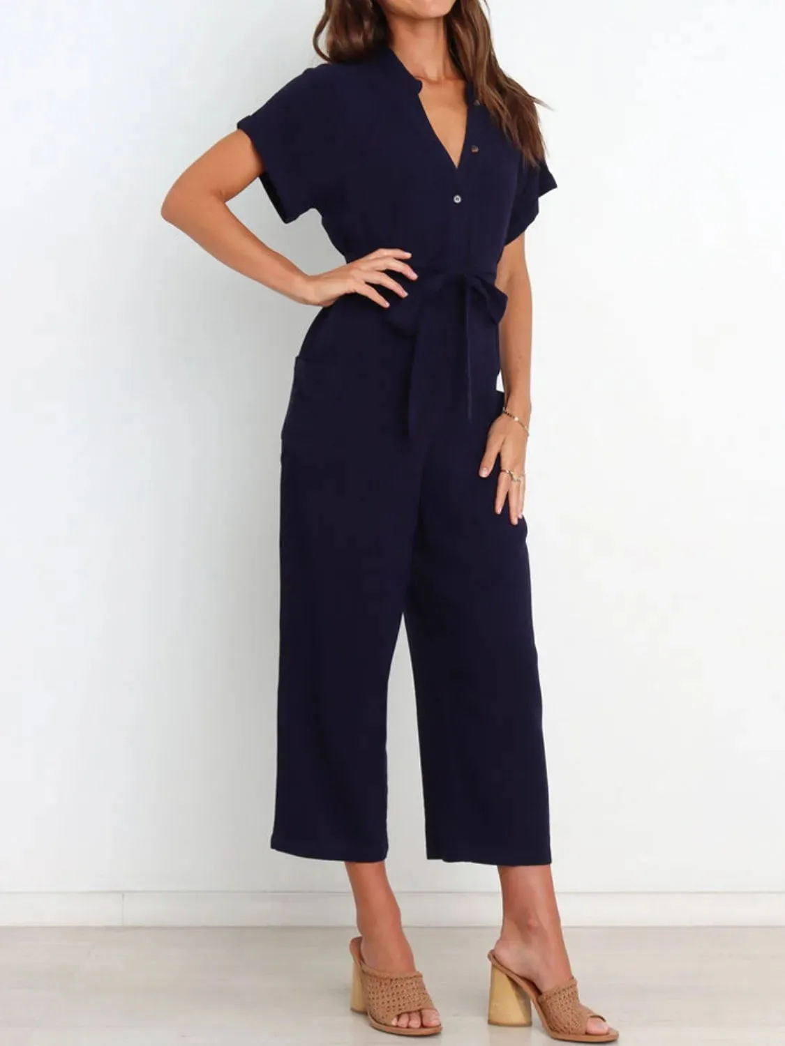 Notched Short Sleeve Tie Waist Jumpsuit sold by Gigi Laurent product image thumbnail 5