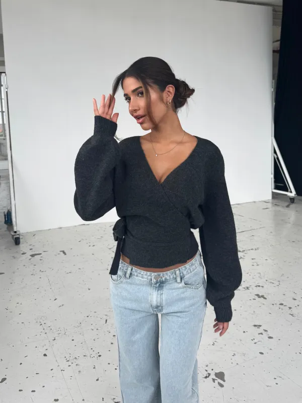 Wool blend wrap cardigan - mørk grå sold by Venderbys