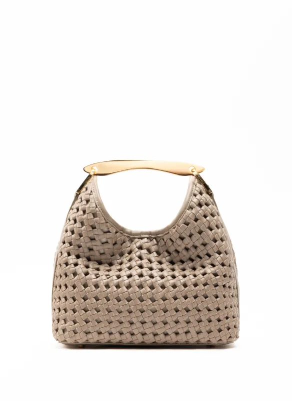 Small Boomerang Woven Leather Taupe sold by Elleme