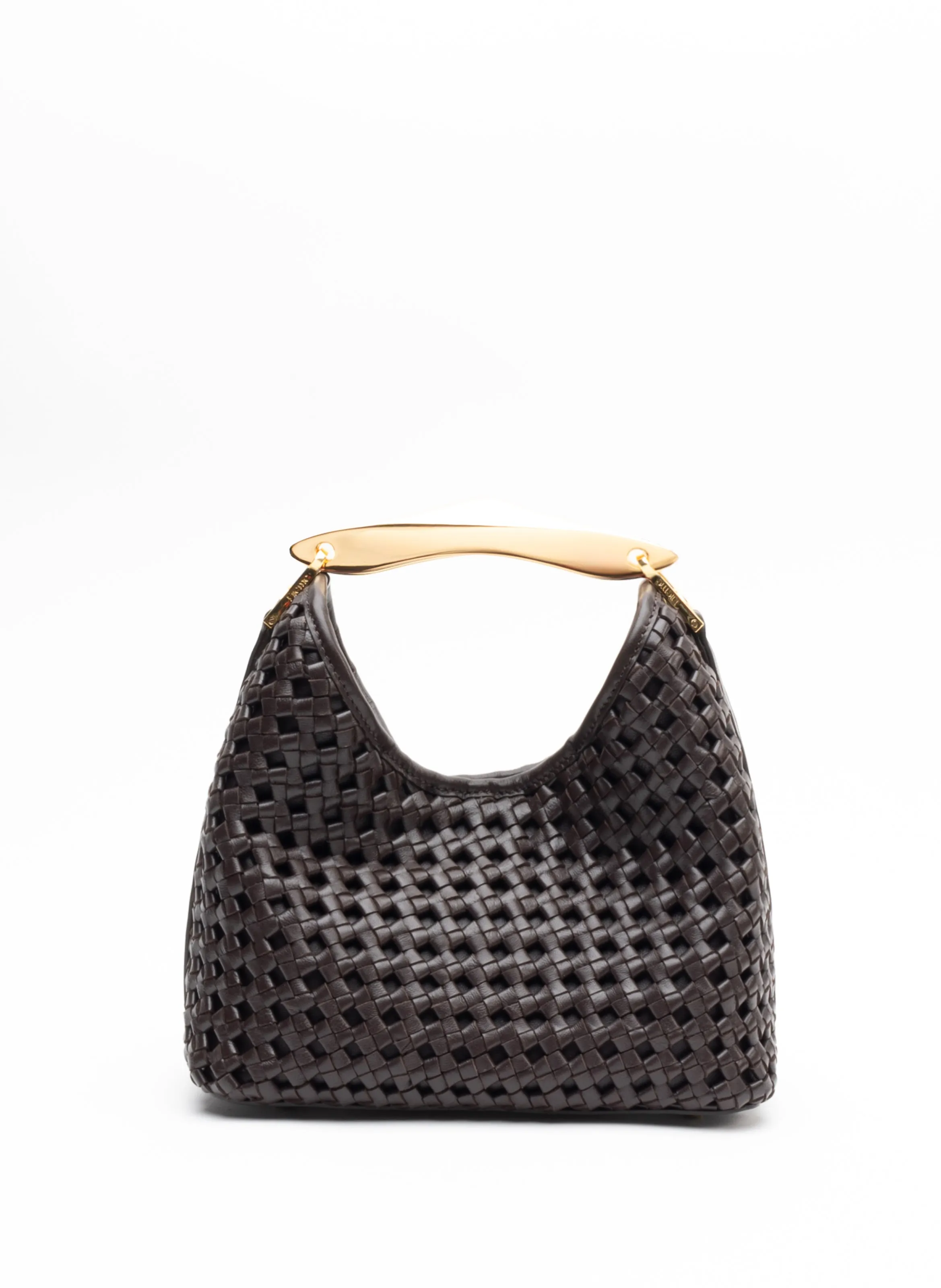 Small Boomerang Woven Leather Dark Brown sold by Elleme