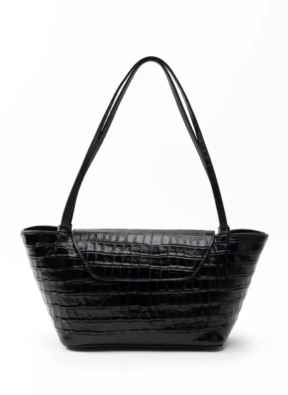 Courrier Tote Croco Embossed Leather Black sold by Elleme