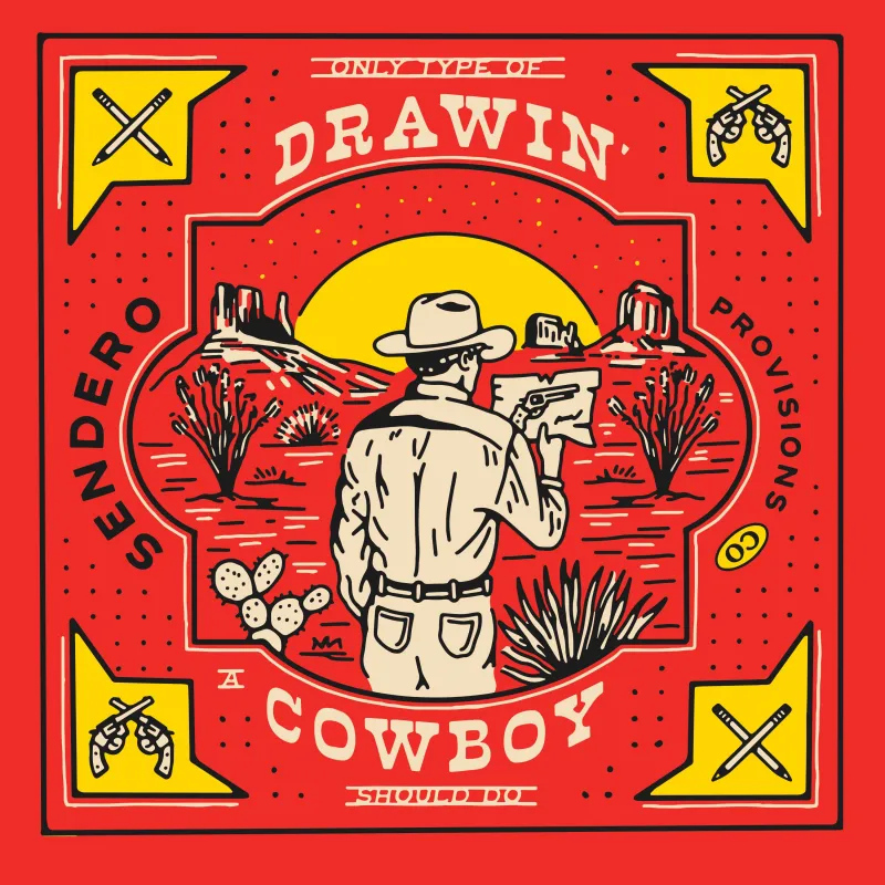 Drawin' Cowboy Bandana - Red sold by Sendero Provisions CO