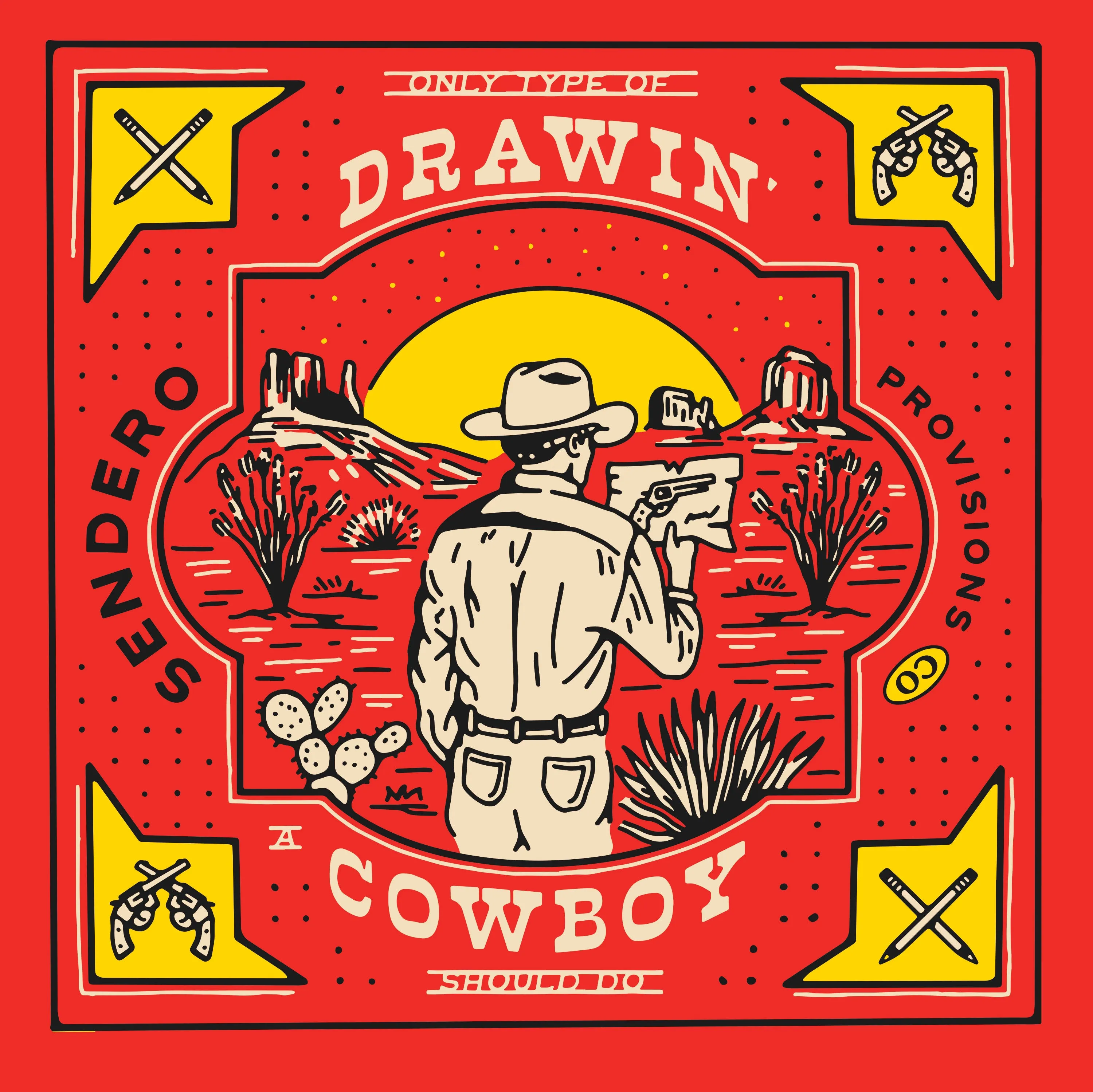 Drawin' Cowboy Bandana - Red sold by Sendero Provisions CO