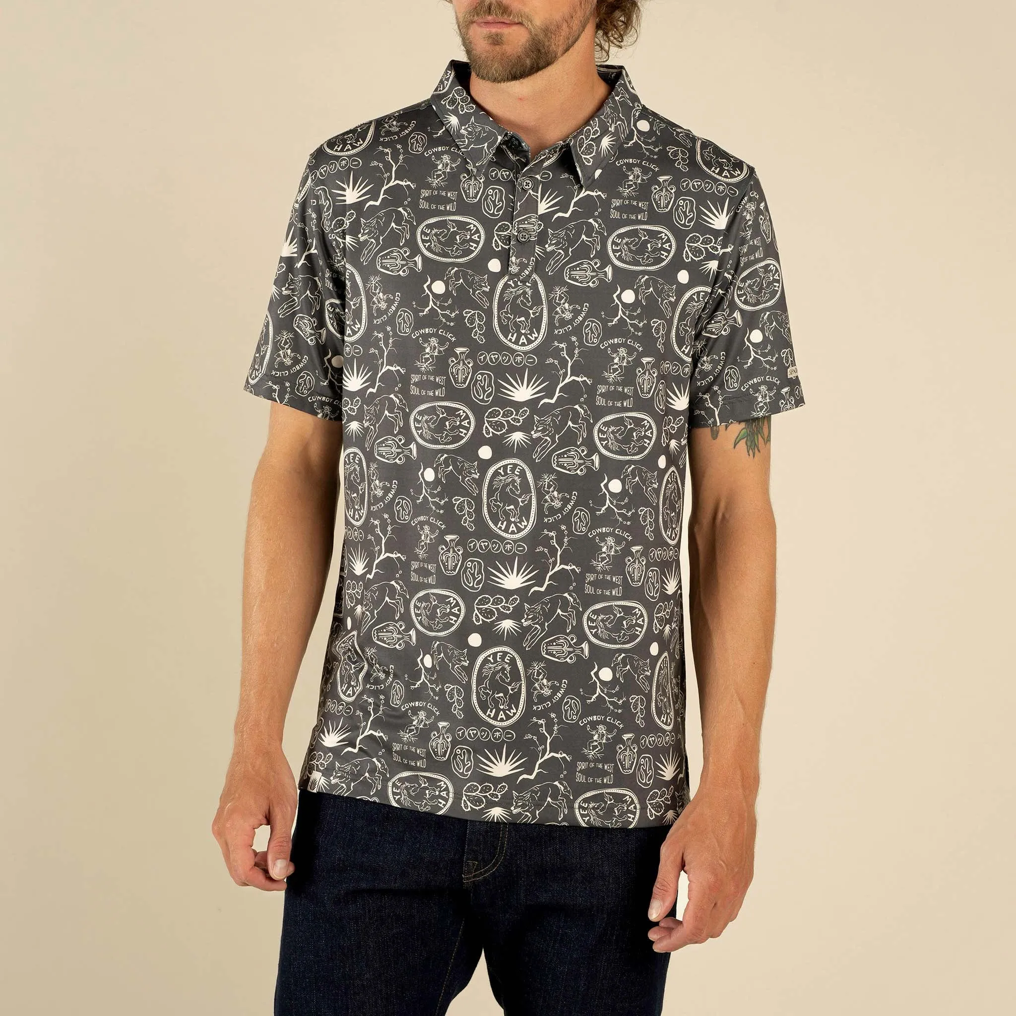 High Noon Performance Polo - Haw Yee Print - Charcoal sold by Sendero Provisions CO product image thumbnail 3