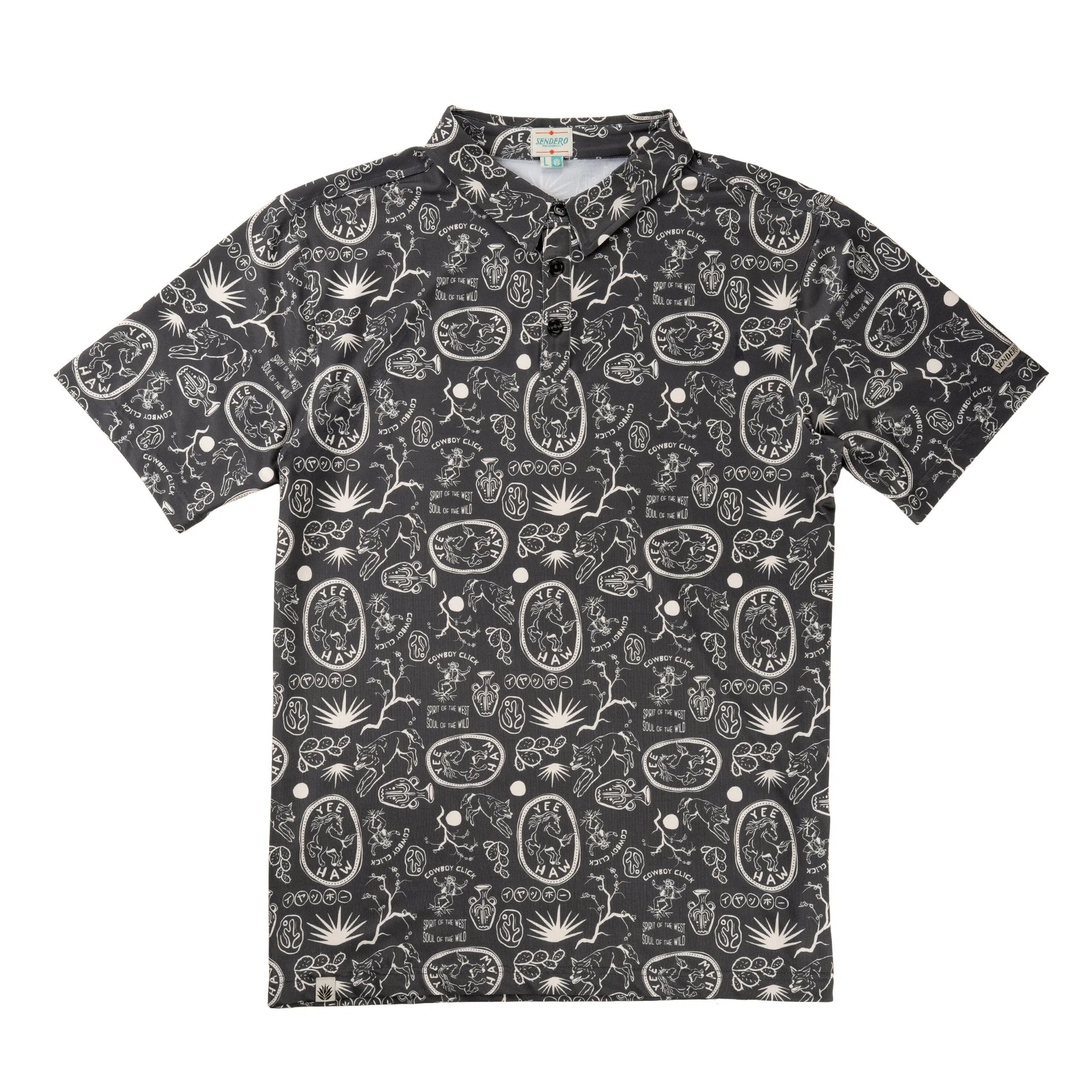 High Noon Performance Polo - Haw Yee Print - Charcoal sold by Sendero Provisions CO