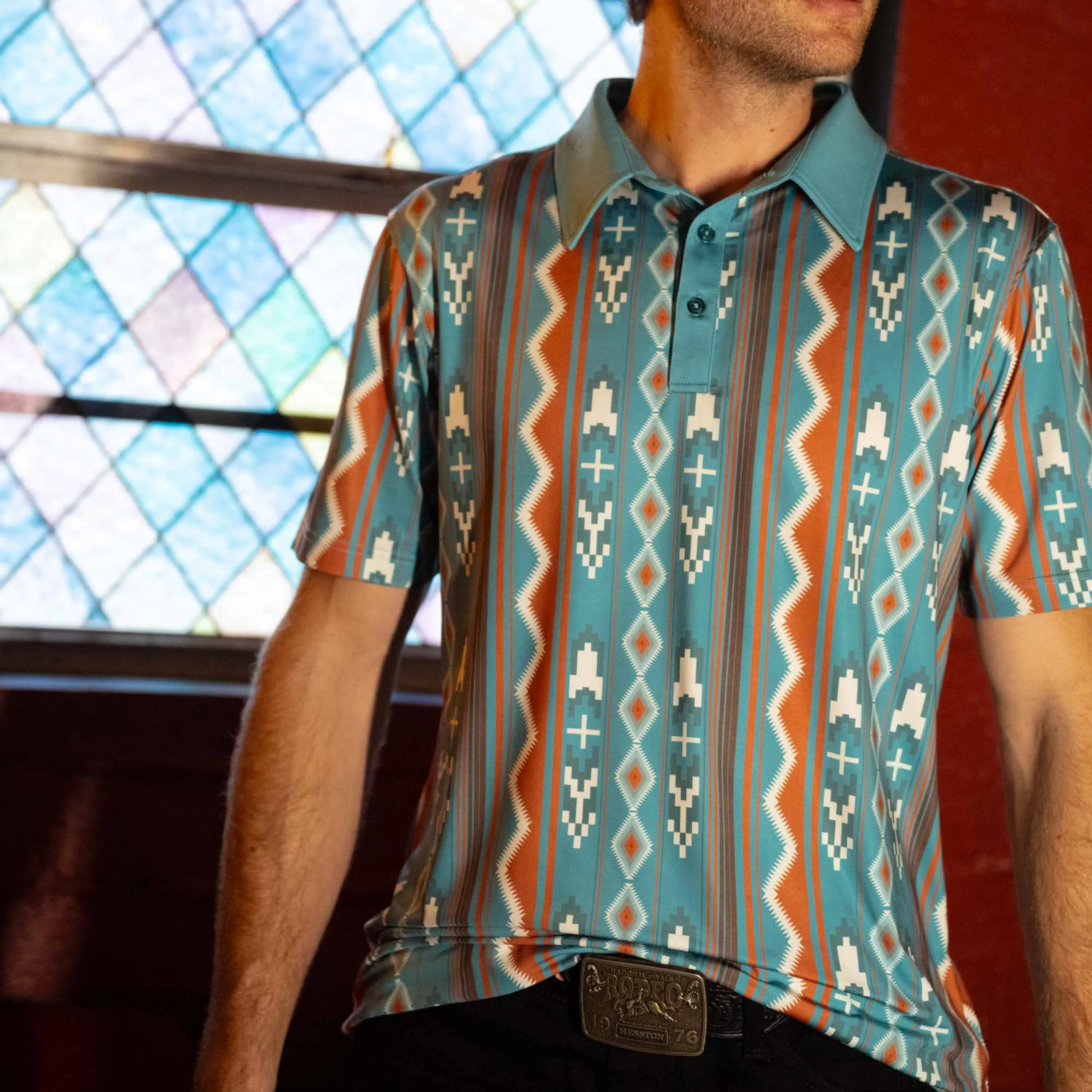 High Noon Performance Polo - Nogales Stripe - Teal/Clay sold by Sendero Provisions CO product image thumbnail 2