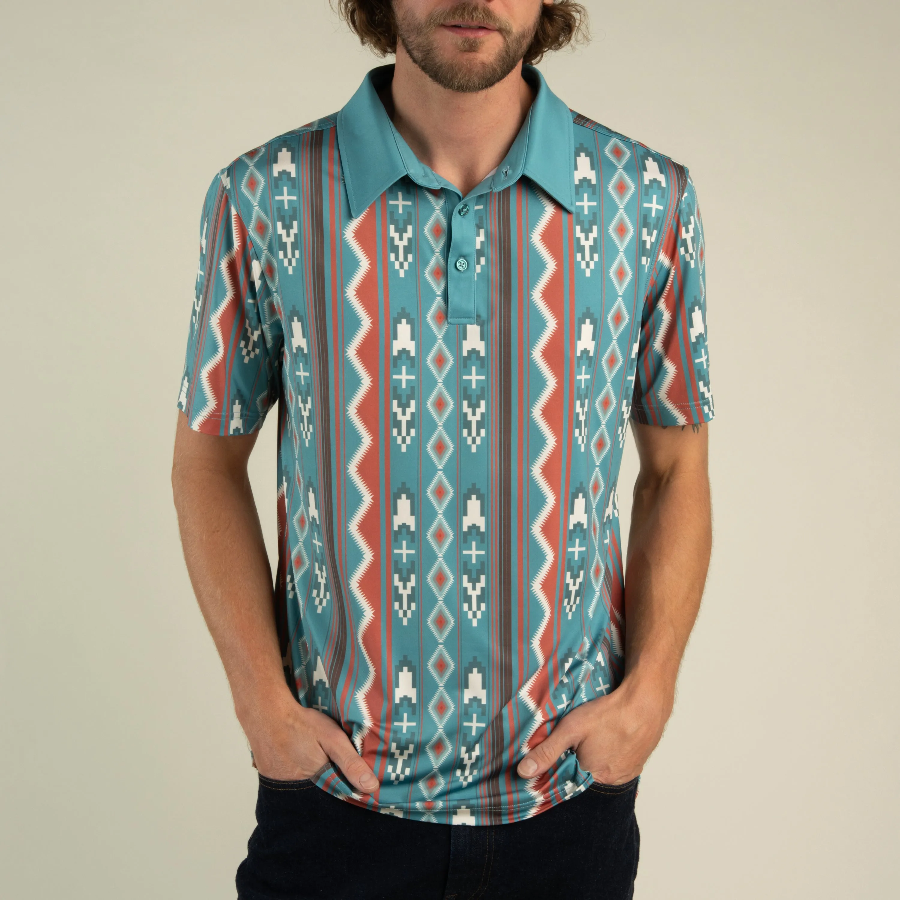 High Noon Performance Polo - Nogales Stripe - Teal/Clay sold by Sendero Provisions CO product image thumbnail 3