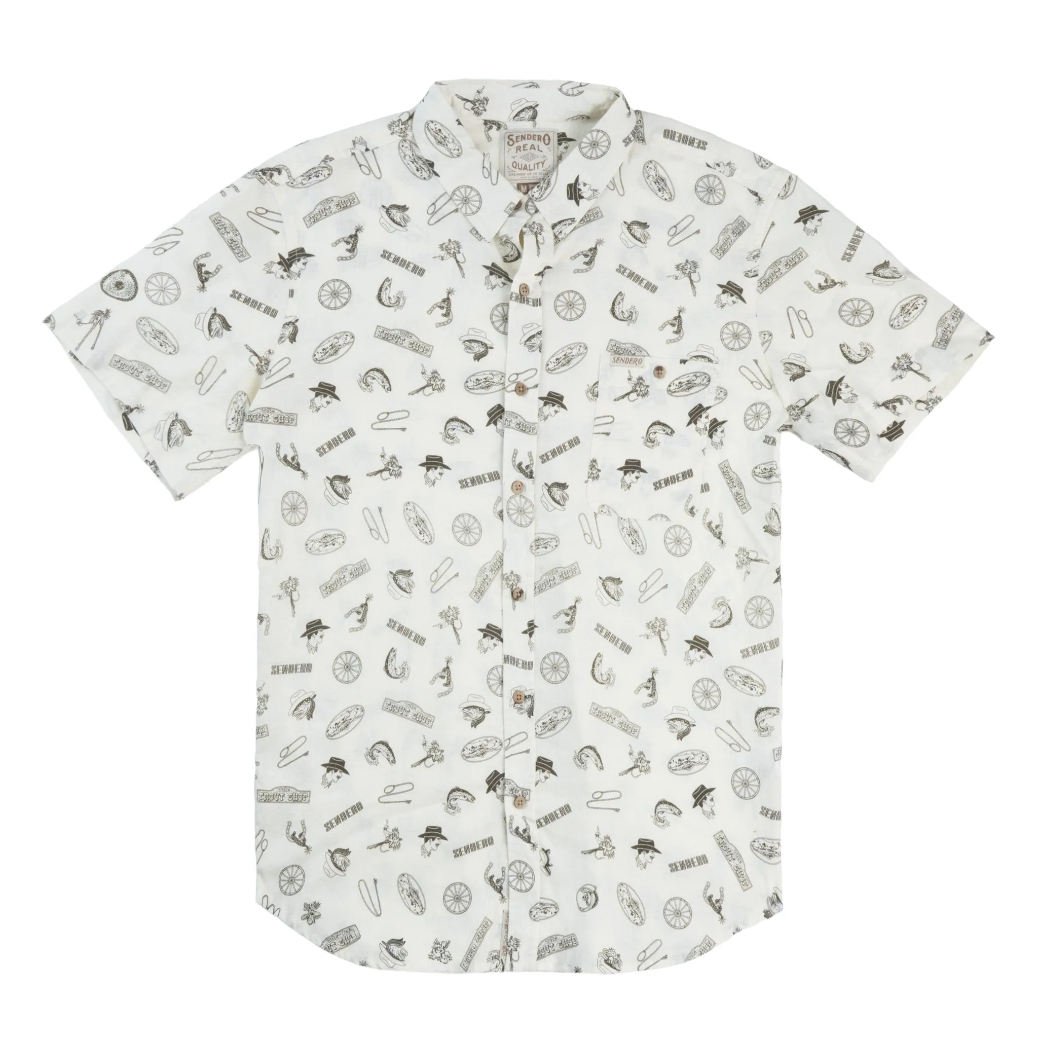 City Slicker Button Up Short Sleeve - Trout Shop Print - Cream sold by Sendero Provisions CO