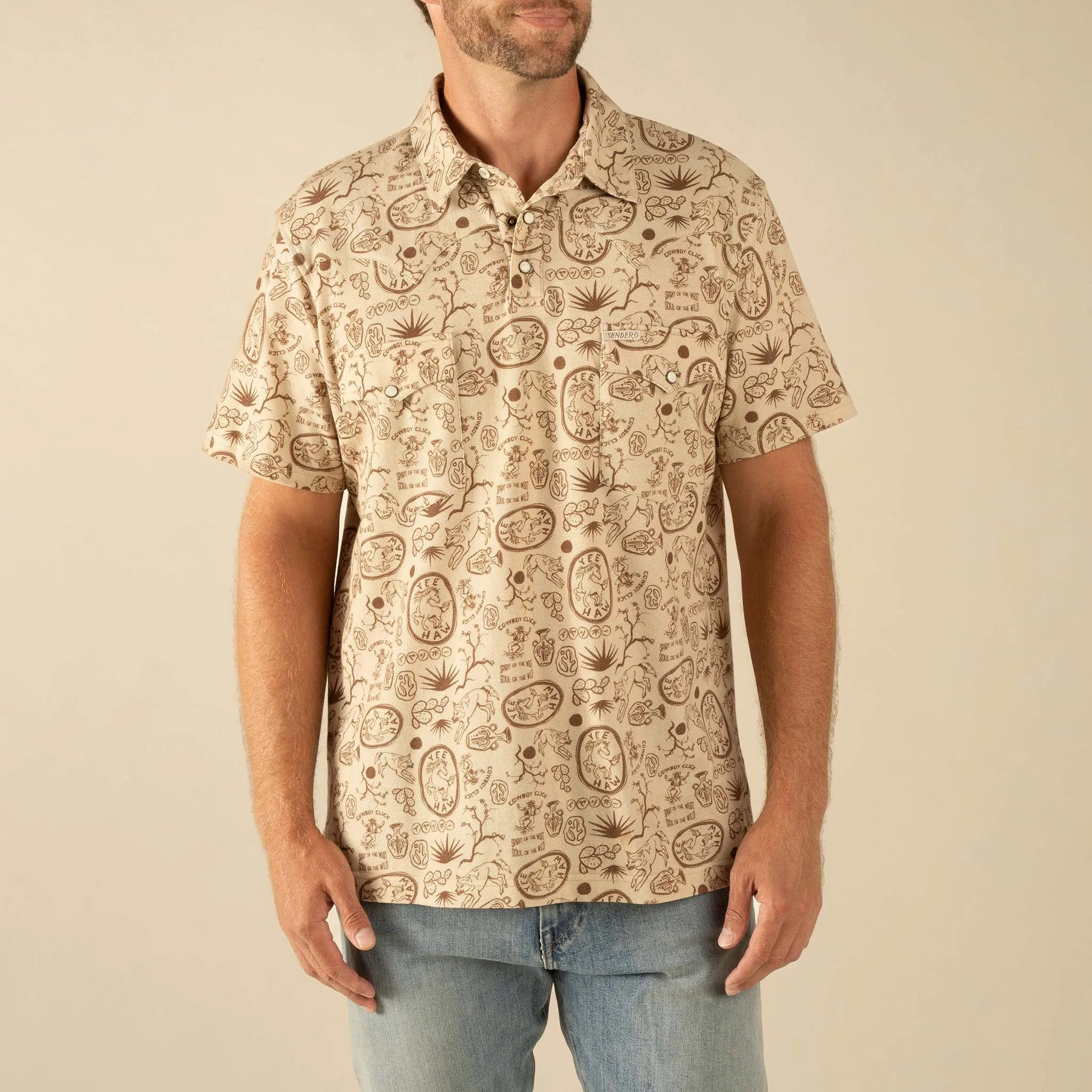 Cantina Pique Polo - Haw Yee Print - Tan sold by Sendero Provisions CO product image thumbnail 3