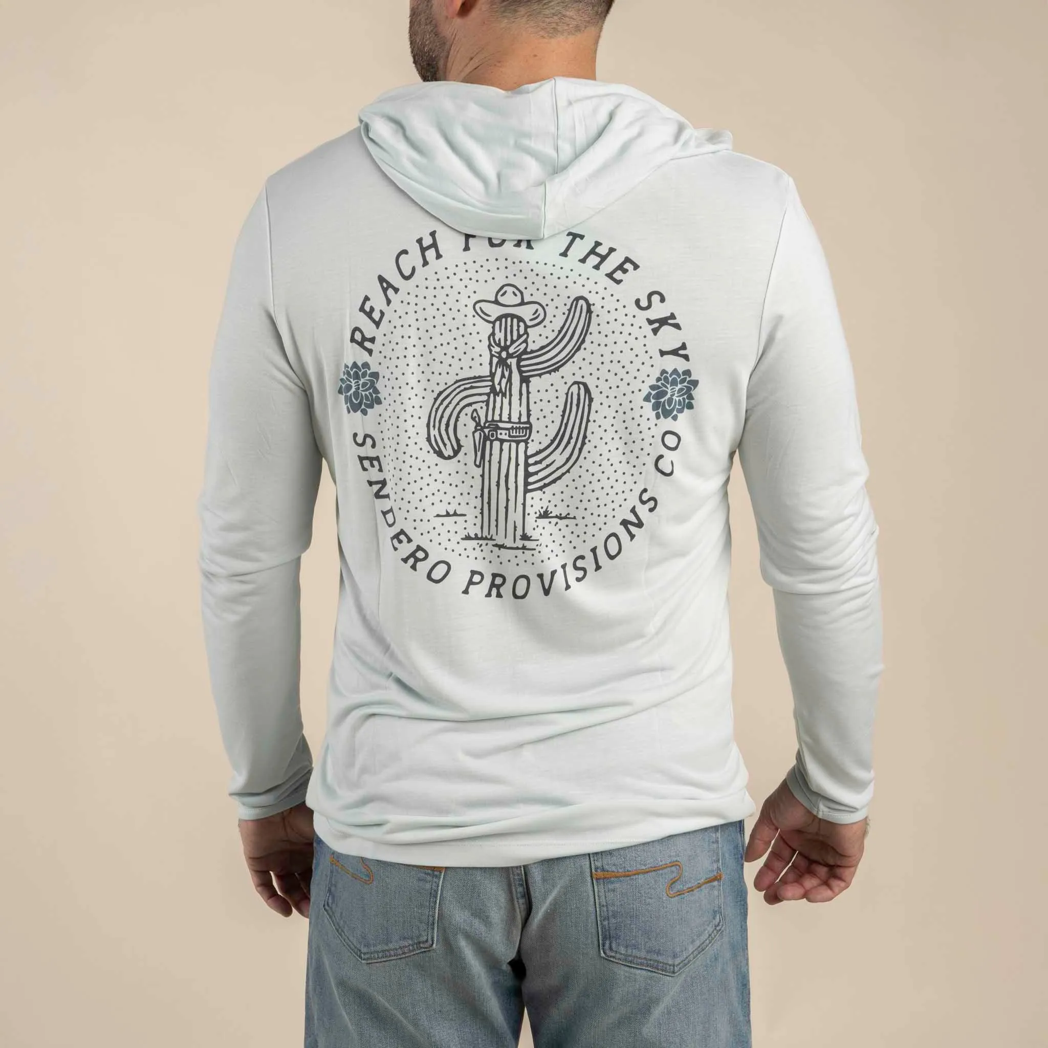 Yucatan Bamboo Hoodie Tech Shirt - Frio Blue - Reach for the Sky Print sold by Sendero Provisions CO product image thumbnail 3