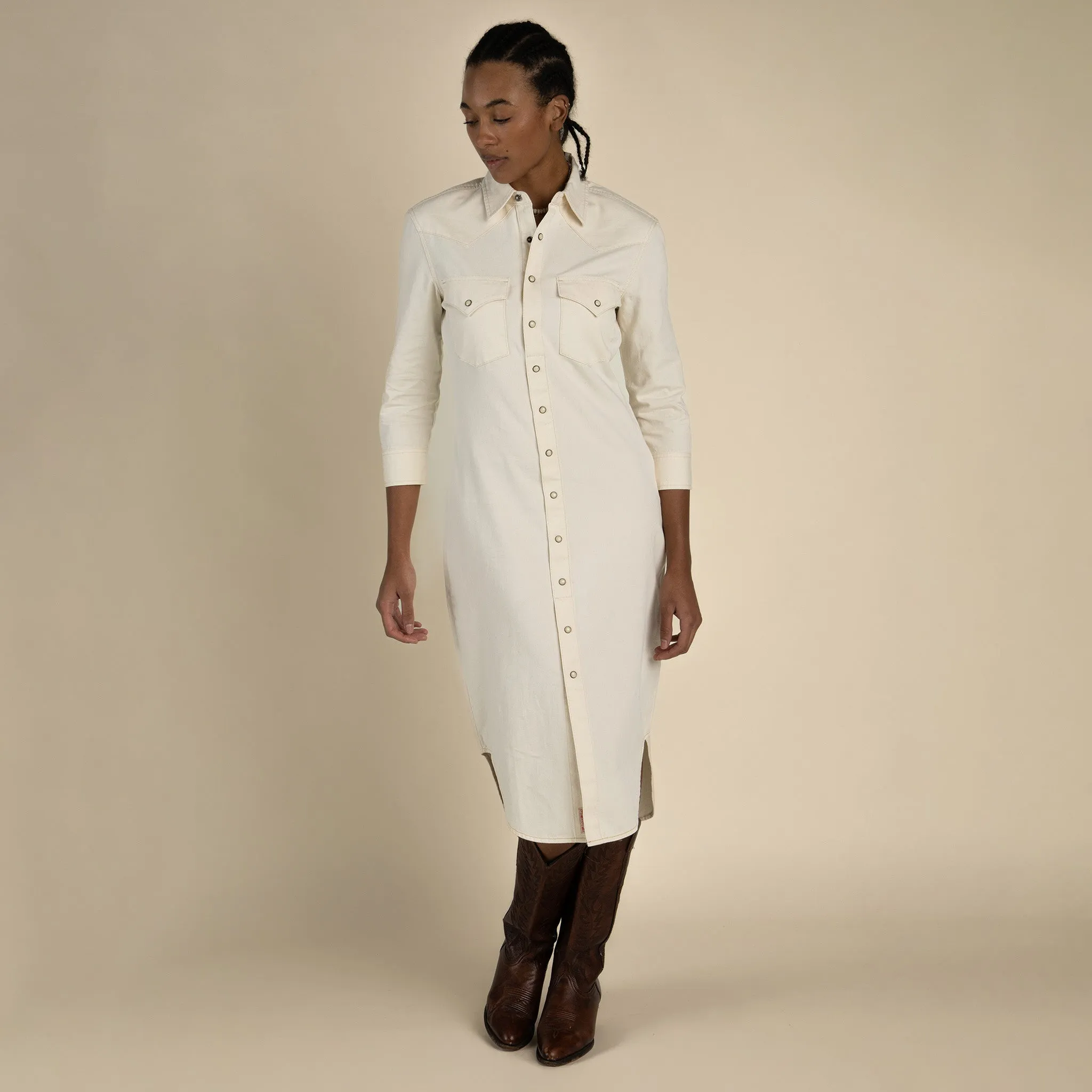 The Annie Pearl Snap Shirtdress - Ecru sold by Sendero Provisions CO