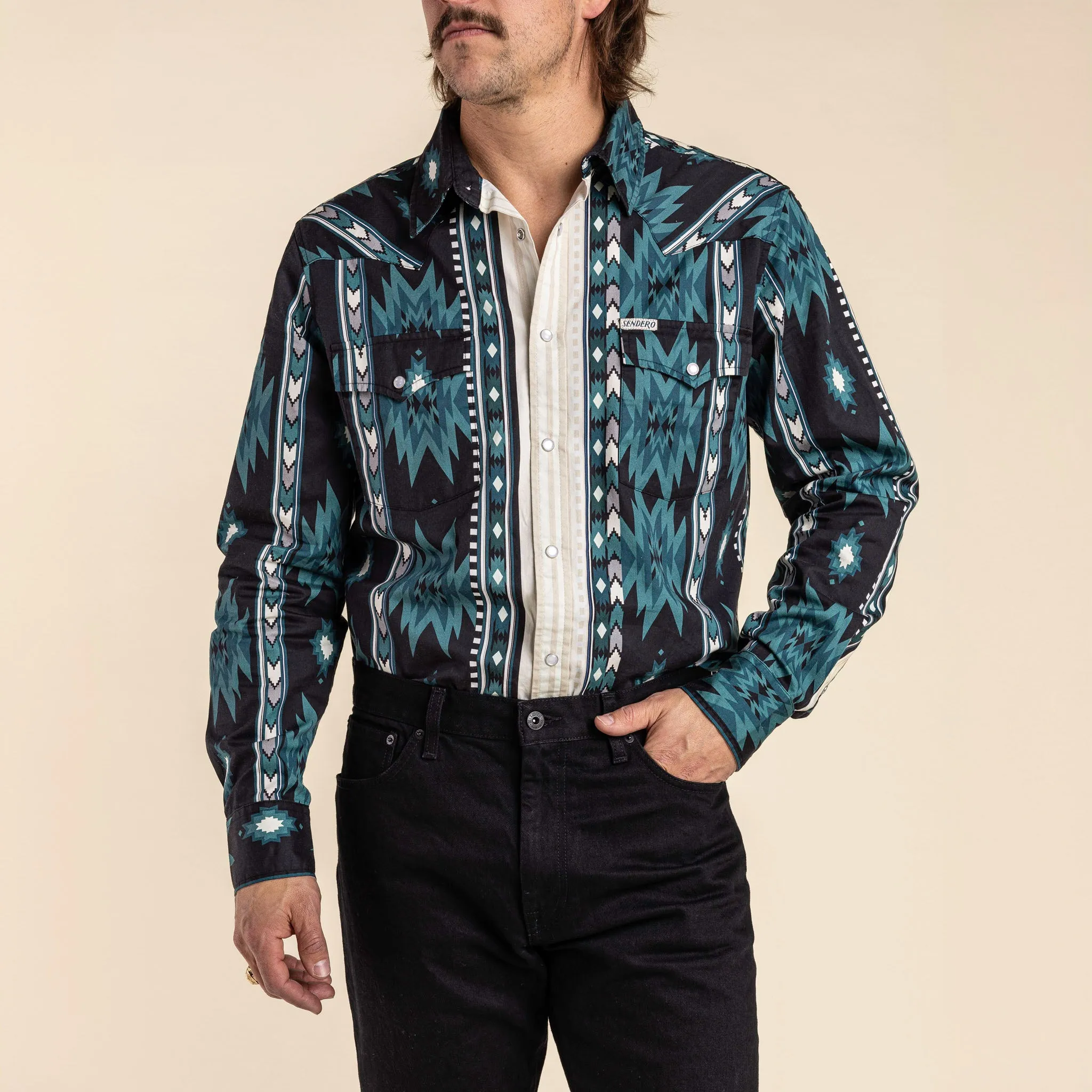 The Wyatt Pearl Snap Long Sleeve Serape Shirt - The Oasis Western Stripe sold by Sendero Provisions CO product image thumbnail 3