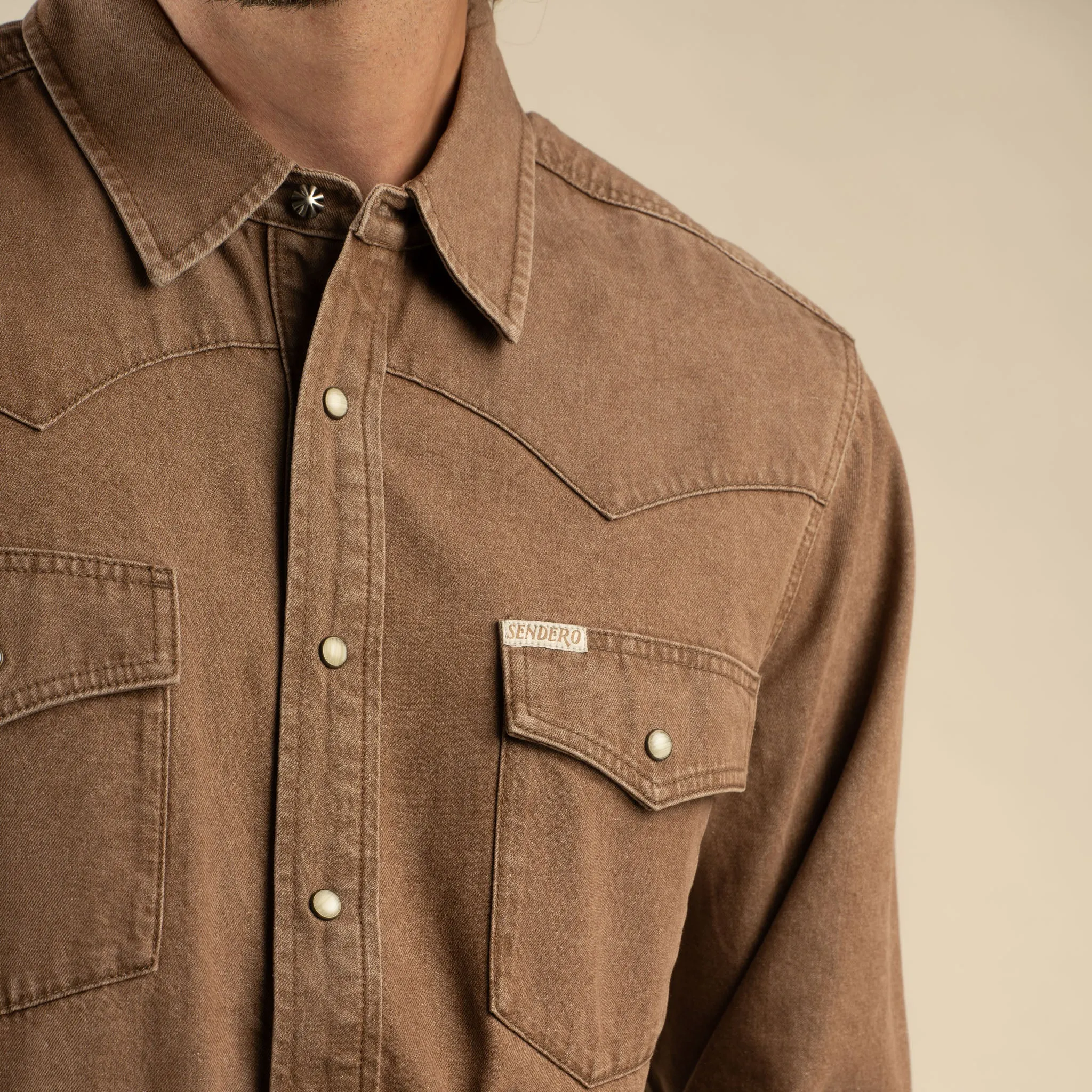 The Wyatt Pearl Snap Long Sleeve Denim Shirt - Faded Brown sold by Sendero Provisions CO product image thumbnail 5