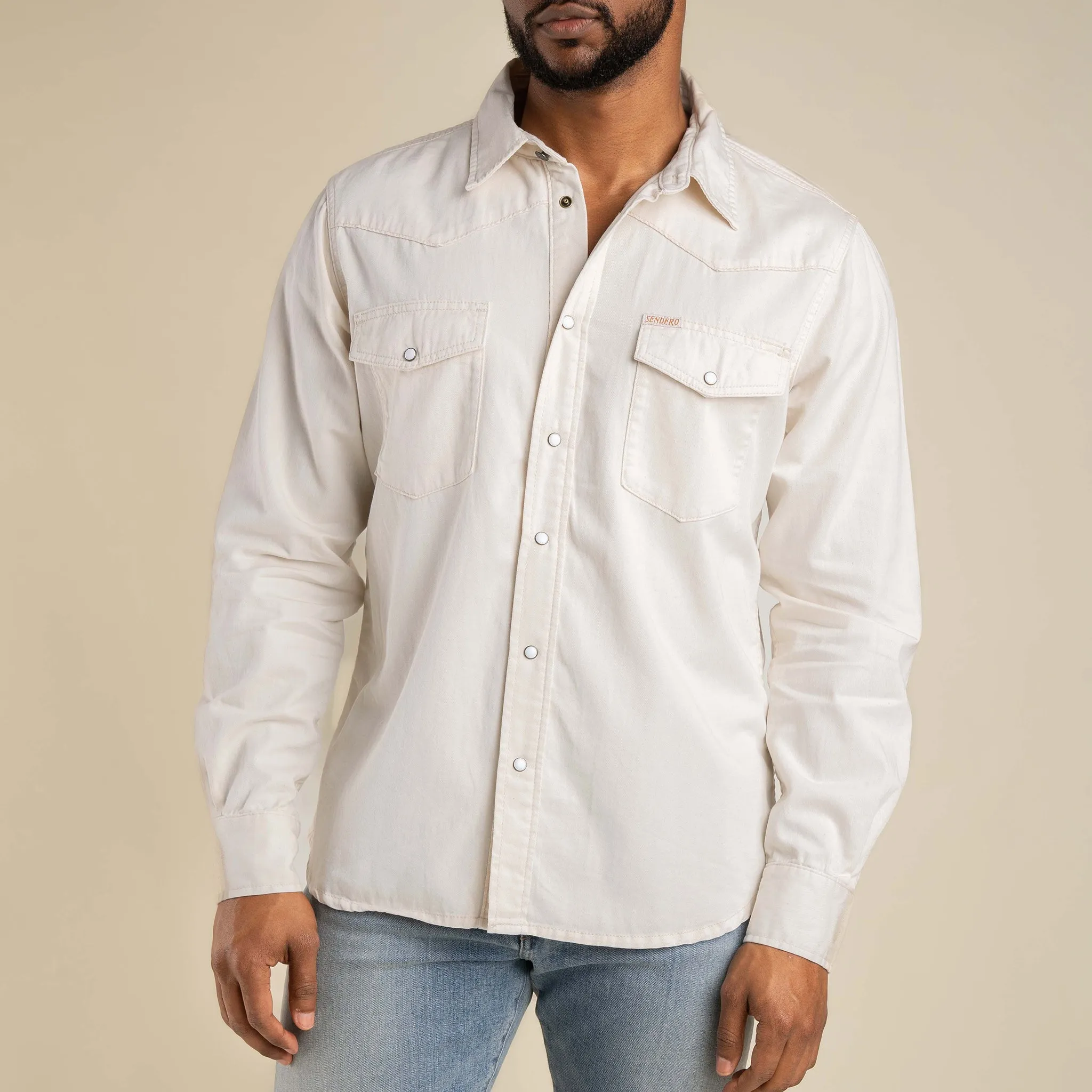 The Wyatt Pearl Snap Long Sleeve Denim Shirt - Ecru sold by Sendero Provisions CO product image thumbnail 4