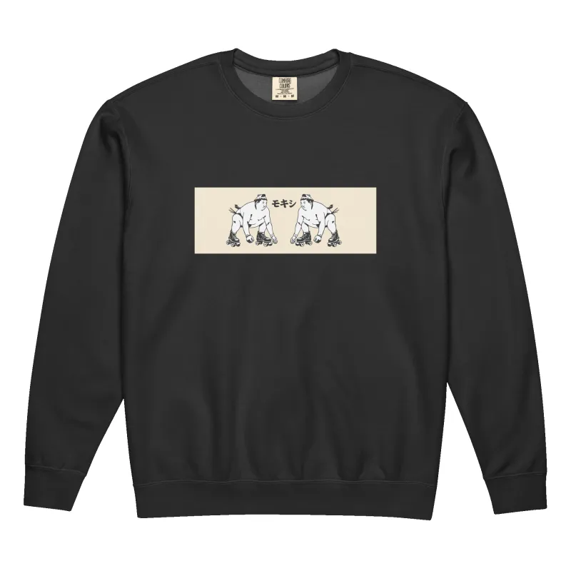 Sumo Faceoff garment-dyed fleece crewneck sweatshirt made by Moxi Skates