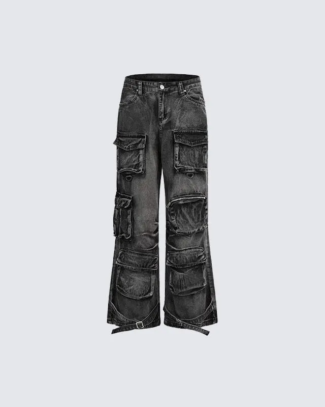 Retro Washed Cargo Denim Pants sold by KIIKIO