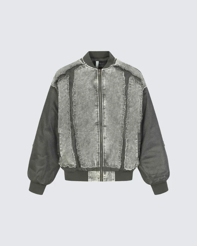 Distressed Panel Zip Bomber Jacket sold by KIIKIO
