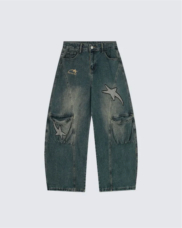 Embroidered Star Denim Cargo Pants sold by KIIKIO
