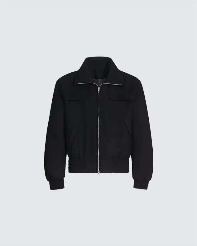Black Wool-Blend Structured Zip-Up Jacket sold by KIIKIO