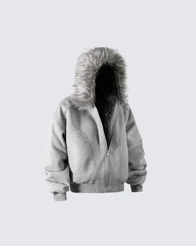 Gray Faux Fur-Lined Hooded Jacket sold by KIIKIO