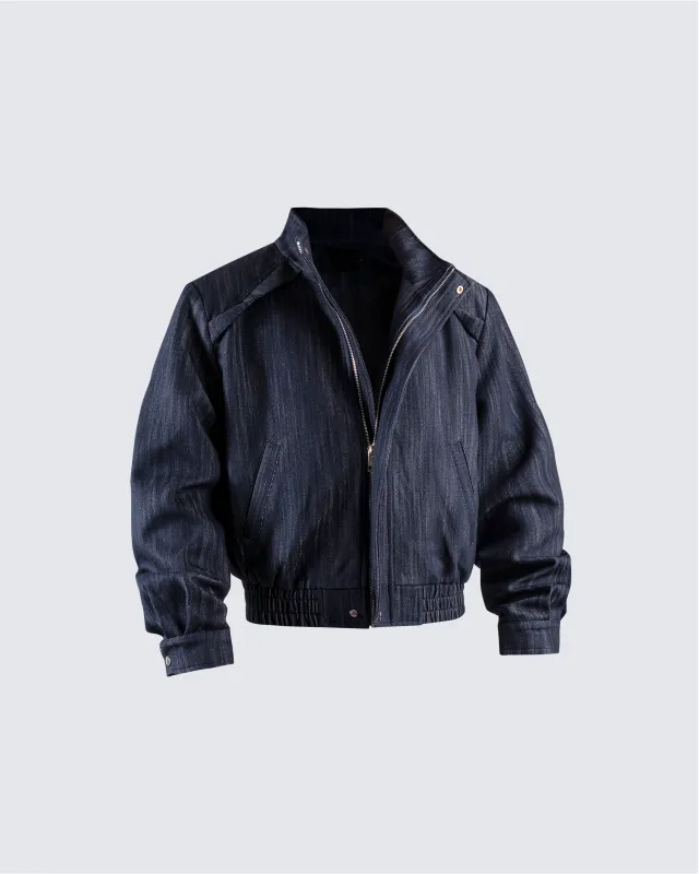 Denim Stand Collar Zip-Up Jacket sold by KIIKIO