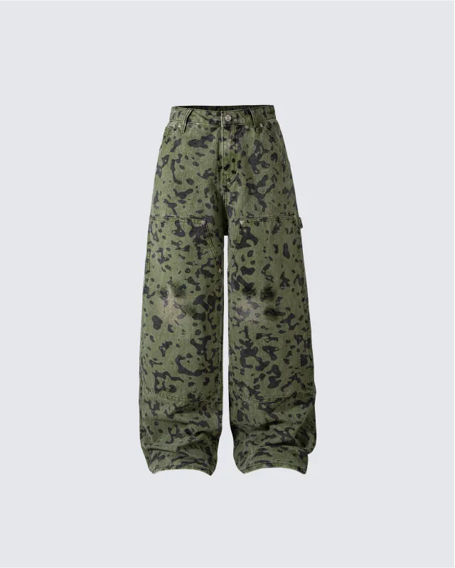 Green Camo Wide-Leg Denim Pants sold by KIIKIO